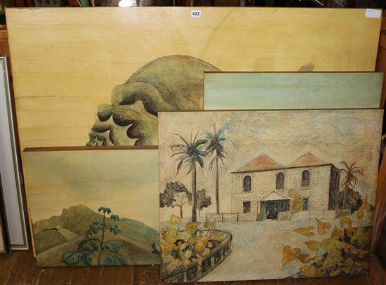 Graham Davis, 4 oils on board, 2 landscapes, Plantation House and a conch shell(-)